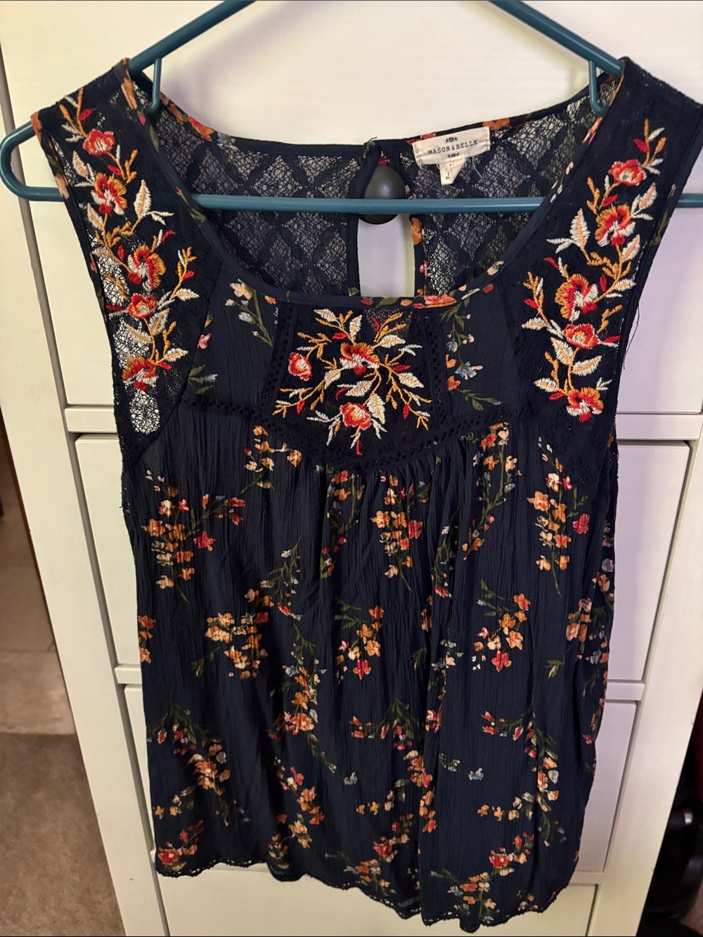 Sleeveless Navy Floral Embroidered Women's Top
